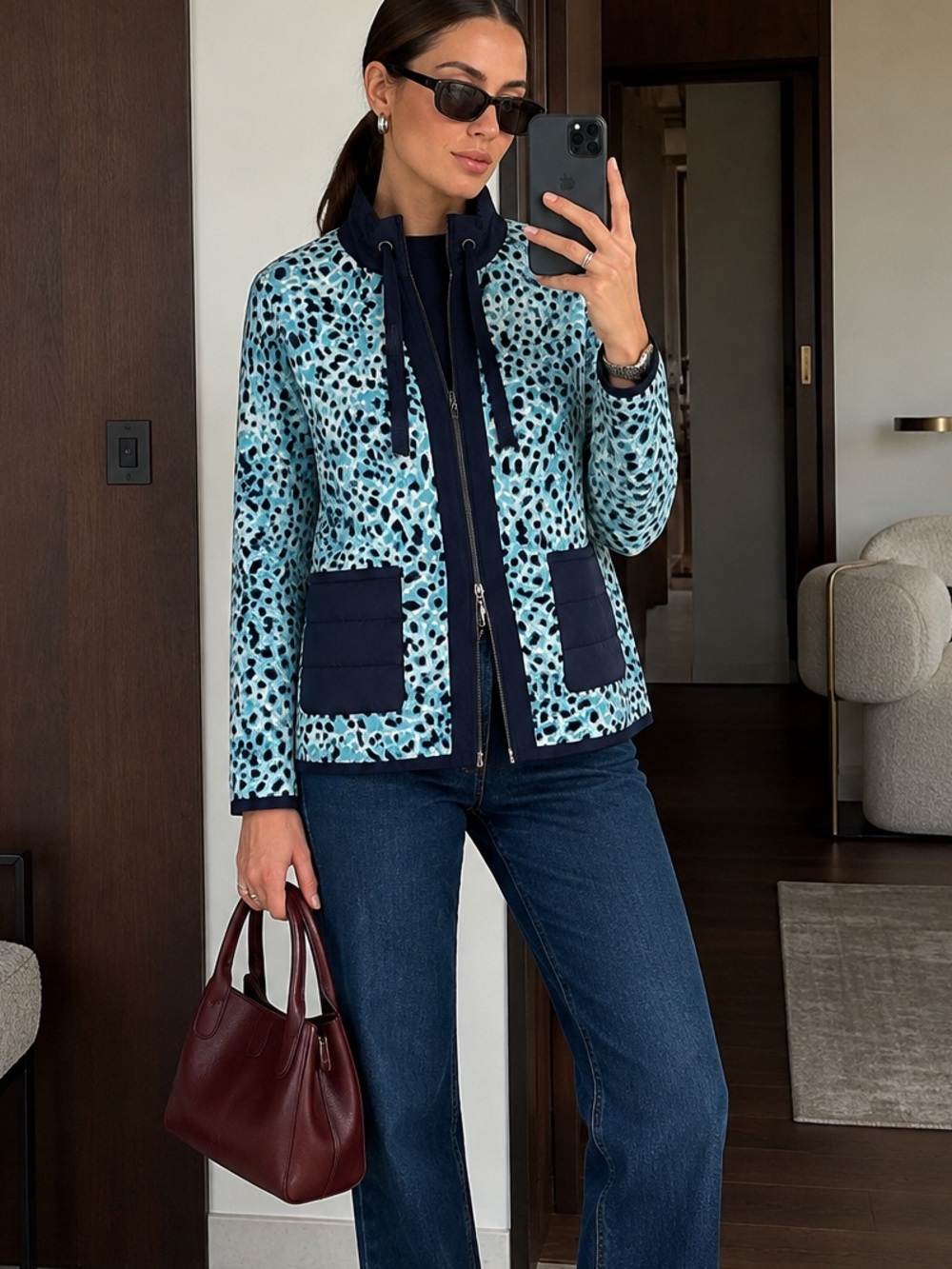 Olsen Henny Blue Leopard Print Zip Cardigan Jacket Navy Pockets Size L/14